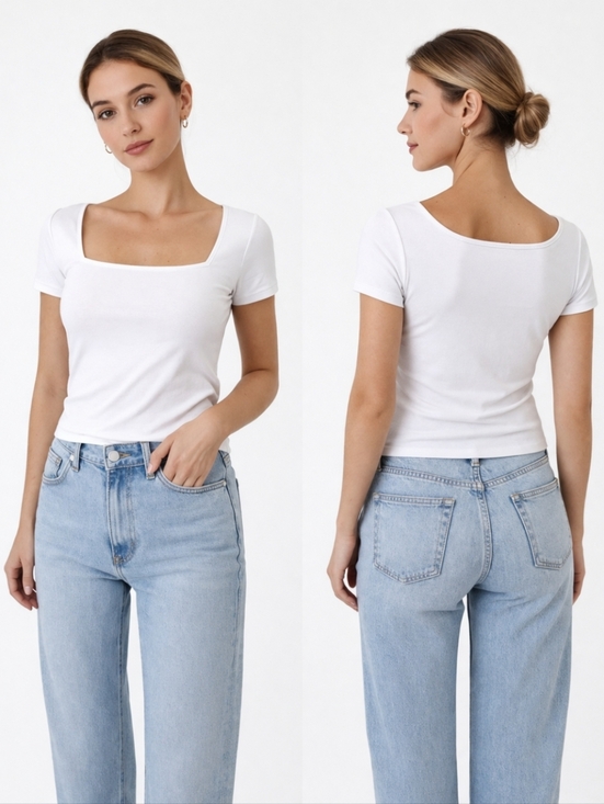 live in the moment Tops - White Square Neck Fitted Tee Soft Stretch Baby Tee Minimalist XS S